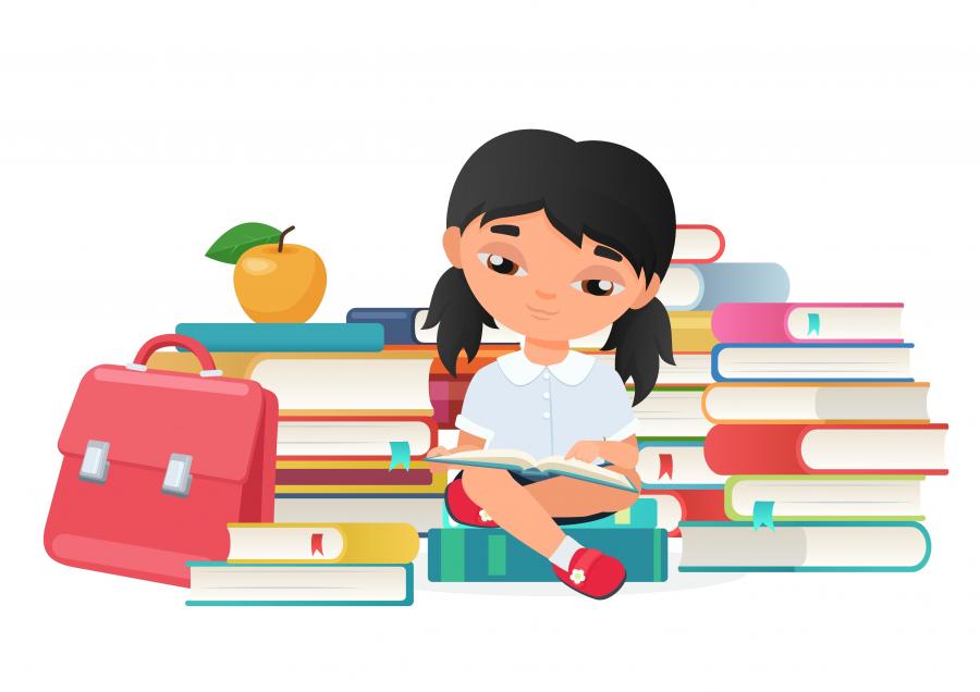 Tegnet billede af pige, der sidder foran bøger og med et æble.